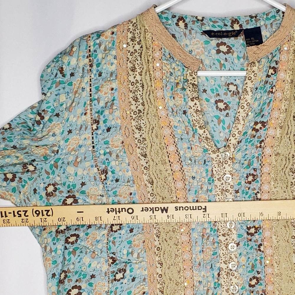 Ecologie Button Top Womens XL Sequin Lace Floral Pleated Button Coastal Cowgirl - Picture 7 of 11